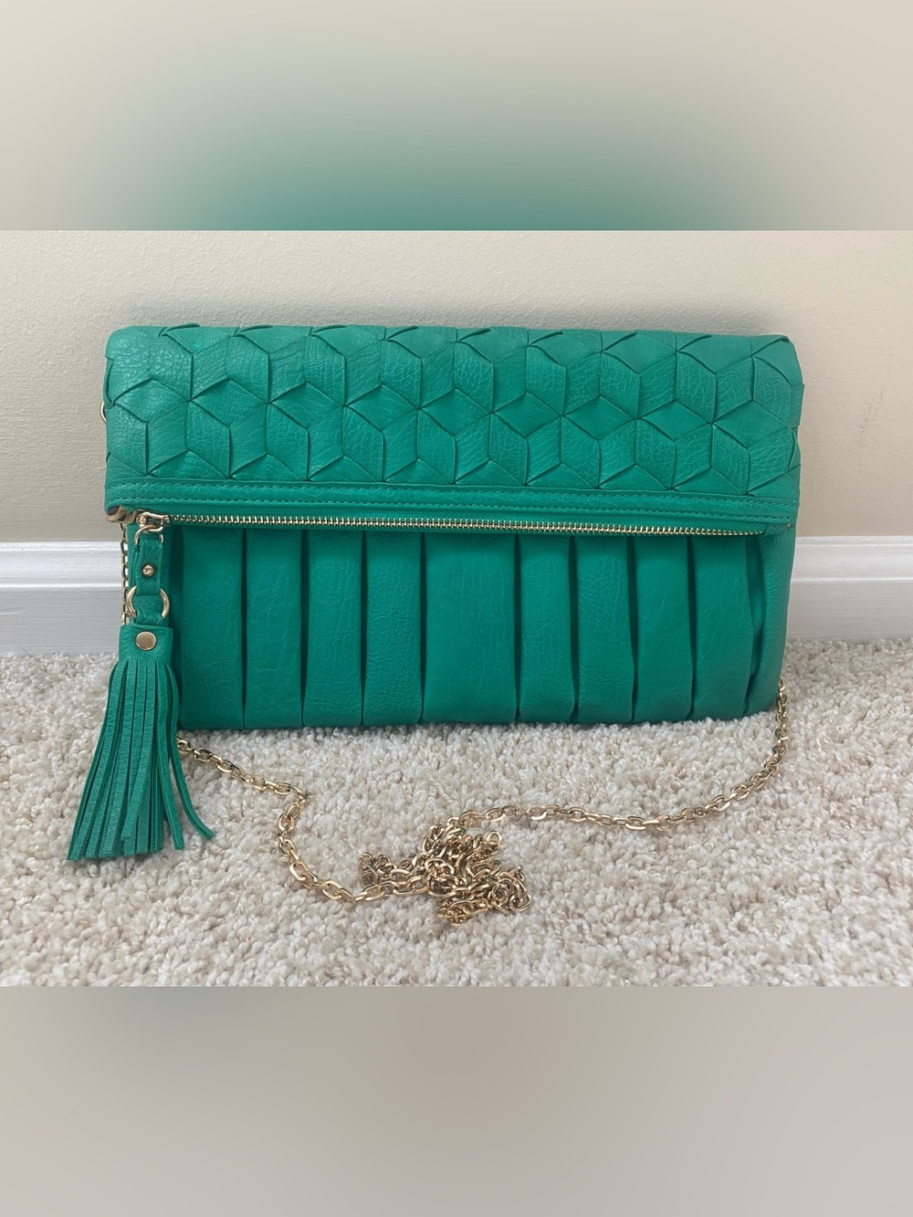 Fold-Over Tassel Clutch with Gold Chain crossbody